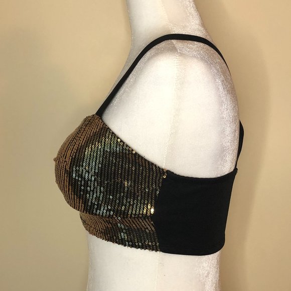 SAN JOY Women's Gold Sequined Babydoll Glamcore Crop Top Y2K Festival - Picture 2 of 11